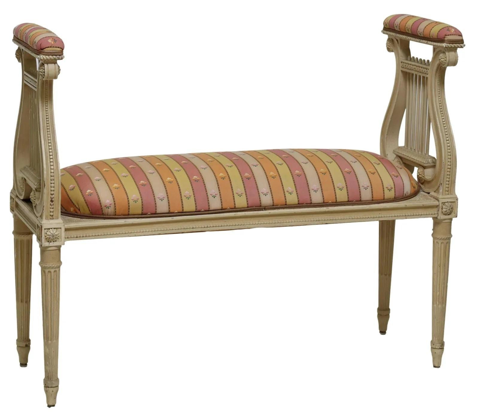 Vintage Louis XVI Style Upholstered Painted Lyre Bench In Good Condition For Sale In Sheridan, CO