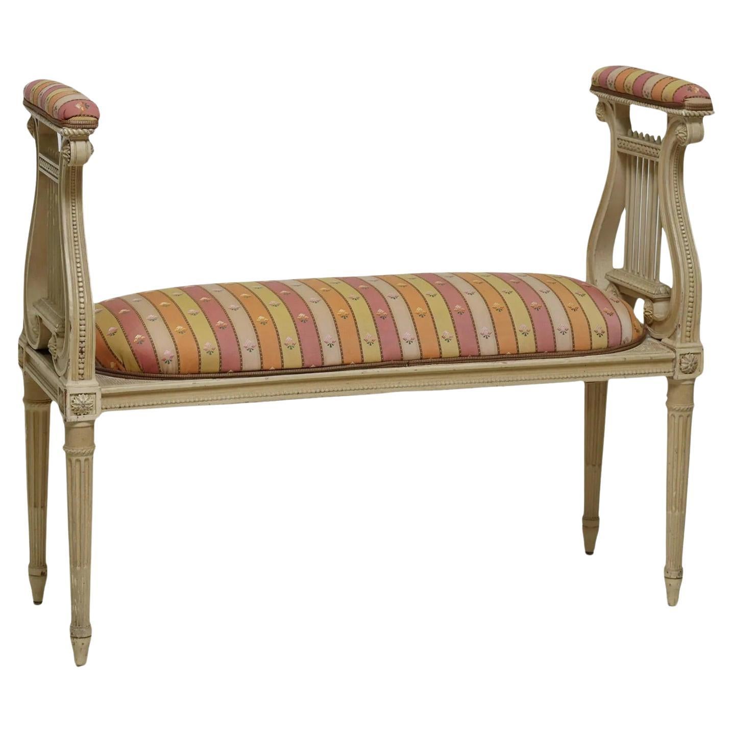 Vintage Louis XVI Style Upholstered Painted Lyre Bench For Sale