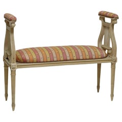 Vintage Louis XVI Style Upholstered Painted Lyre Bench