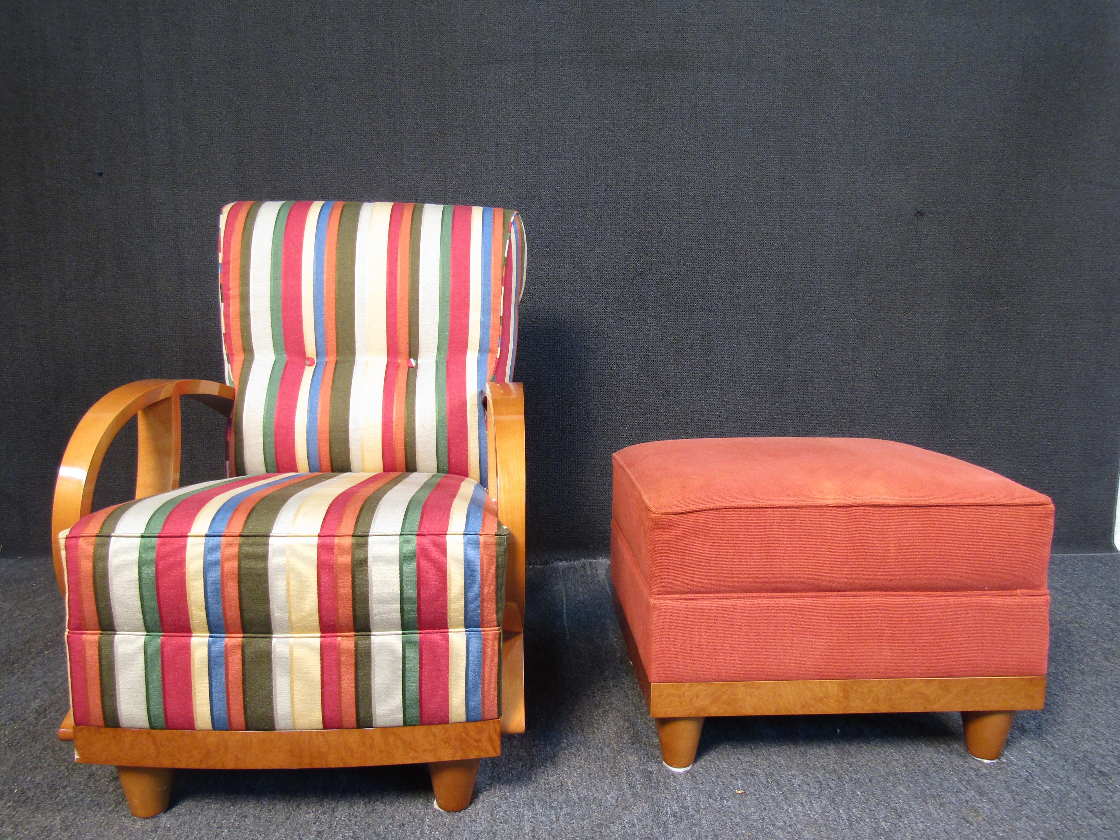 This vintage lounge chair and ottoman set by Pace Mariani features a cushioned, oversized design with colorful upholstery and wooden frame. Please confirm item location with seller (NY/NJ).