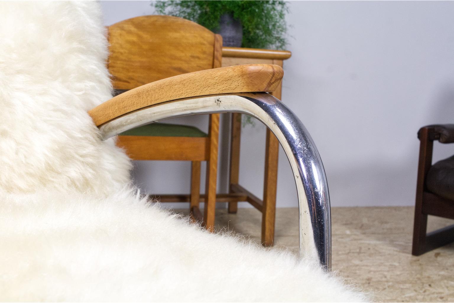 Vintage lounge chair by De Cirkel in White Sheepskin, 1930s Bauhaus inspired 7