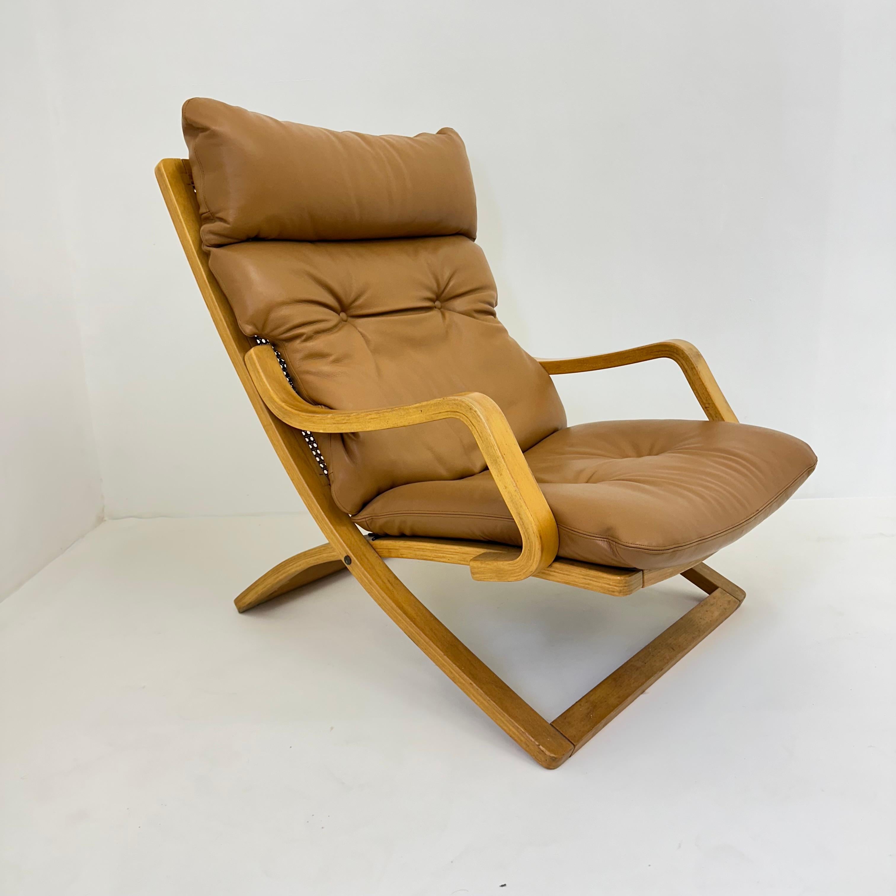 Mid-Century Modern Vintage lounge chair cognac leather with webbing , 1970s For Sale