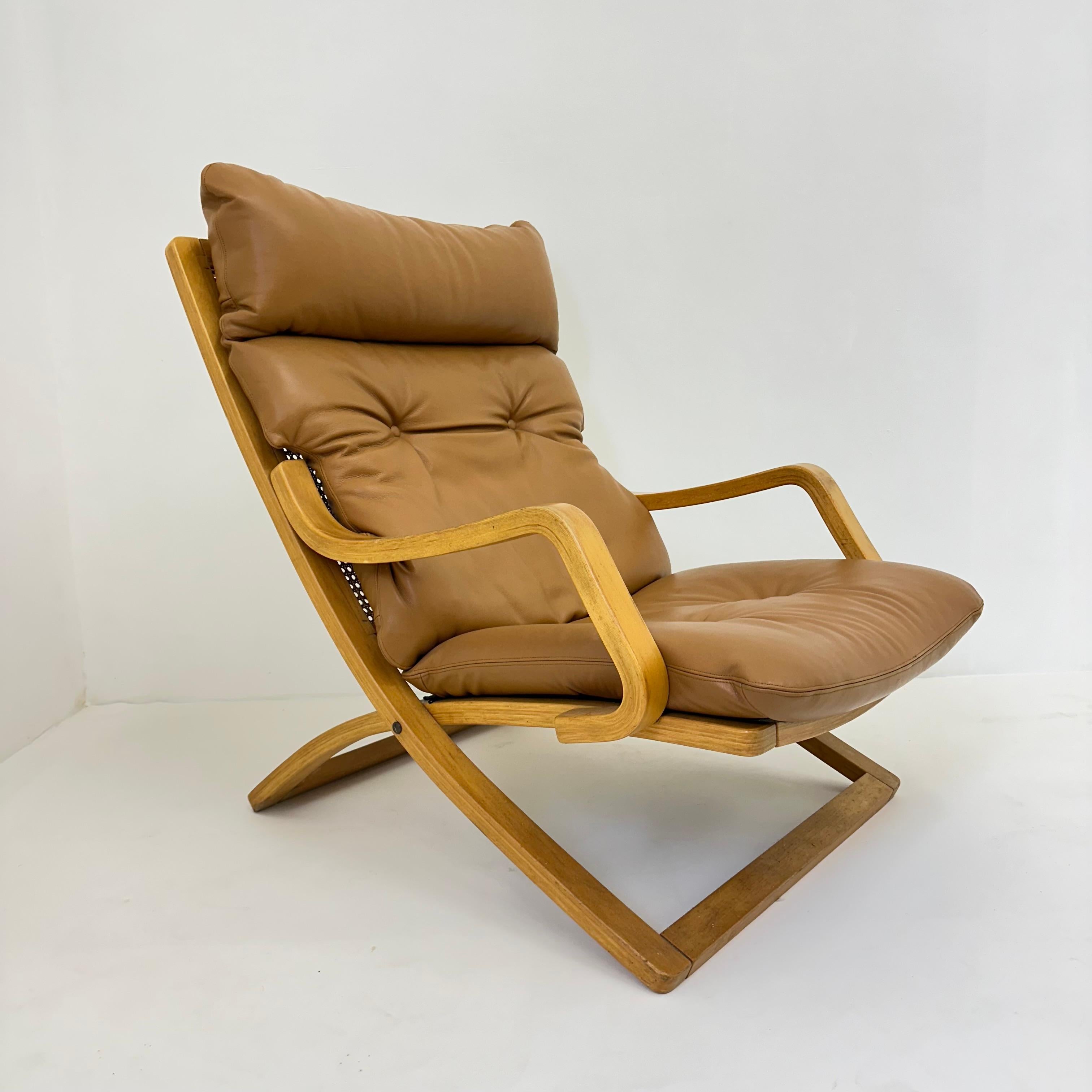 Dutch Vintage lounge chair cognac leather with webbing , 1970s For Sale