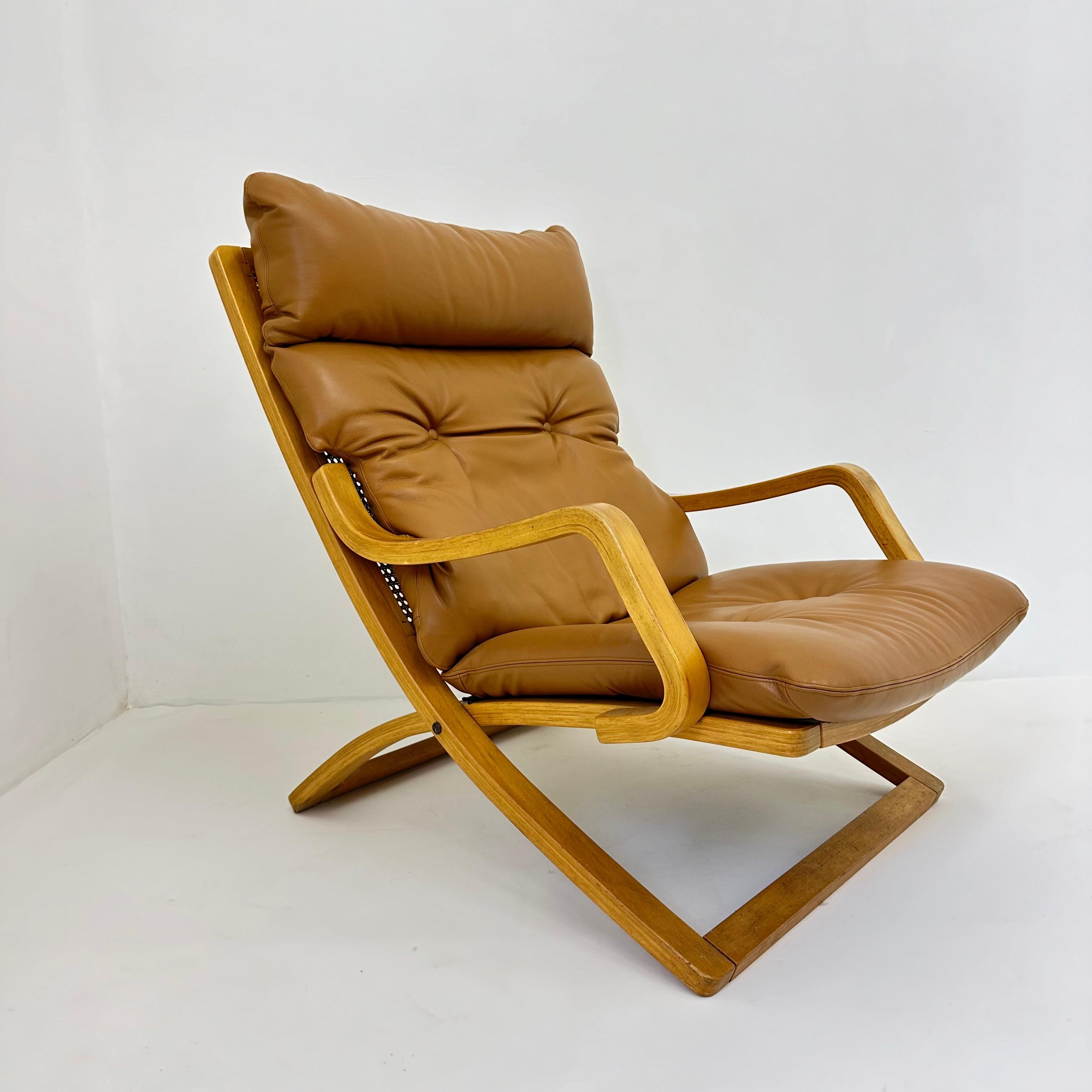 Vintage lounge chair cognac leather with webbing , 1970s For Sale 1