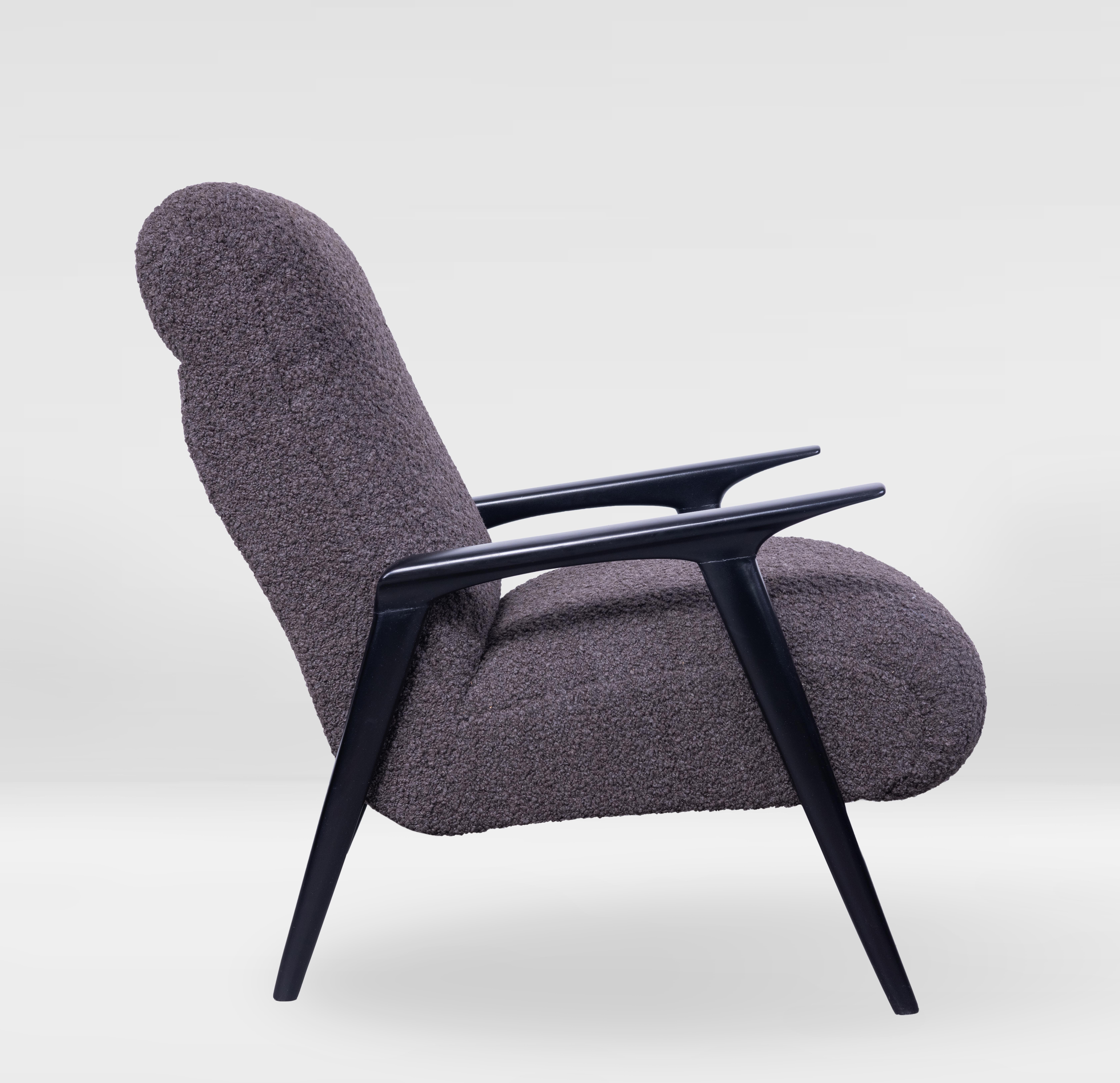 Italian midcentury lounge chair, 1950s, ebonized walnut wood, reupholstered in Colefax & Fowler alpaca boucle’.