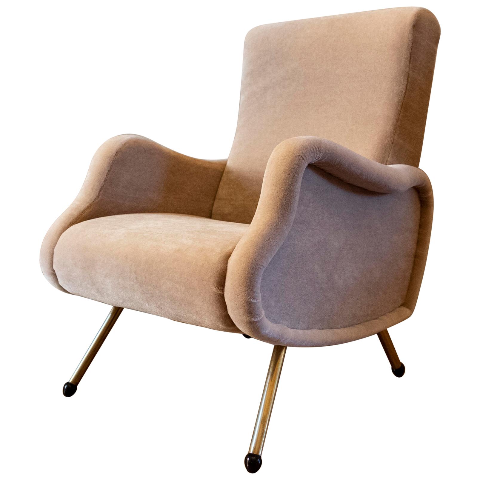 Vintage Lounge Chair, Italy 1950s, Reupholstered in Pierre Frey Velvet Mohair