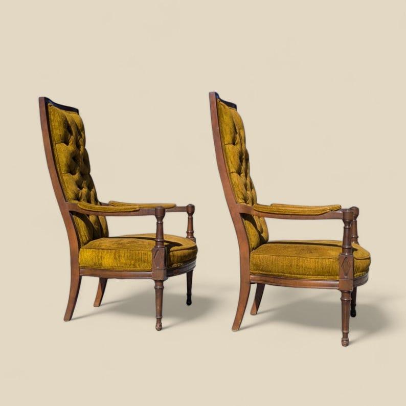 Bois Fauteuil de salon vintage, salon, fauteuil, touffeté, dossier haut, milieu du siècle dernier en vente