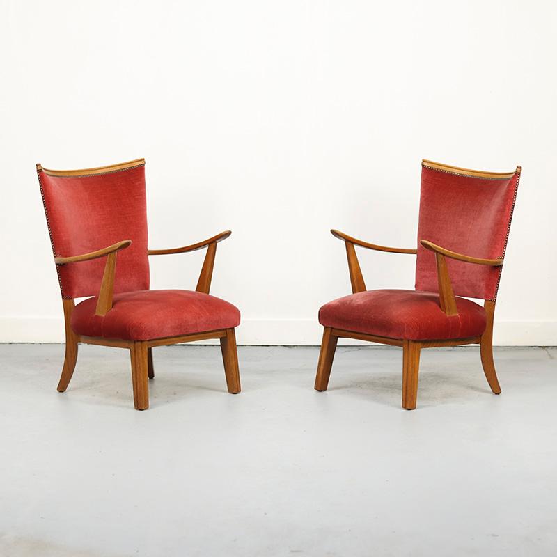 Vintage Lounge Chairs with Oak Frames, 1950s, Set of 2 (Niederländisch) im Angebot