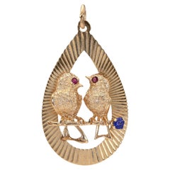 Vintage Love Bird Sapphire Ruby Gold Pendant