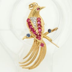 Vintage Love Bird set Brooches 18k Diamonds Ruby blue Sapphire
