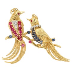 Vintage Love Bird set Brooches 18k Diamonds Ruby blue Sapphire