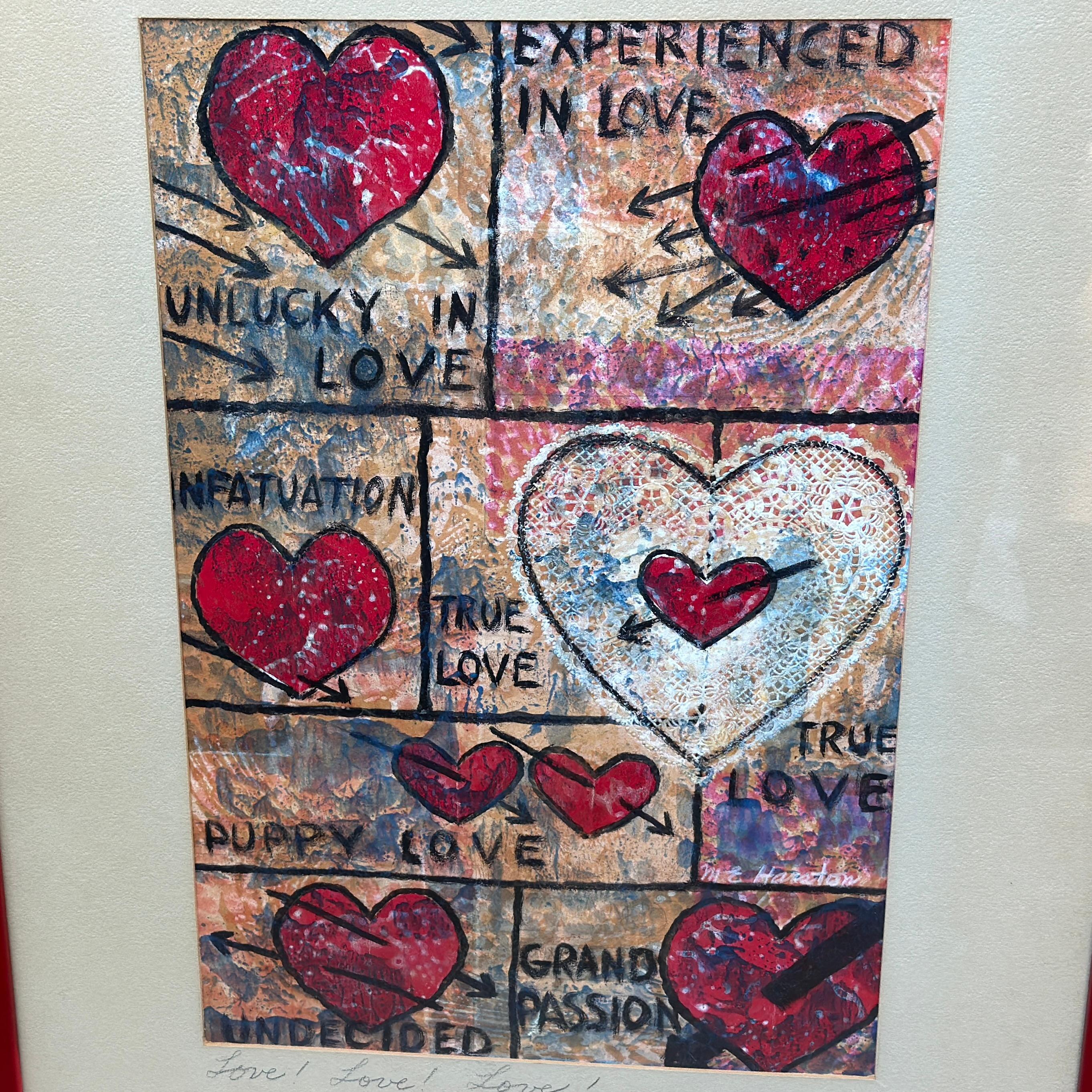 Mid-Century Modern L'amour du vintage ! L'amour ! L'amour ! Peinture acrylique de M.E. Harston dans son cadre d'origine en vente