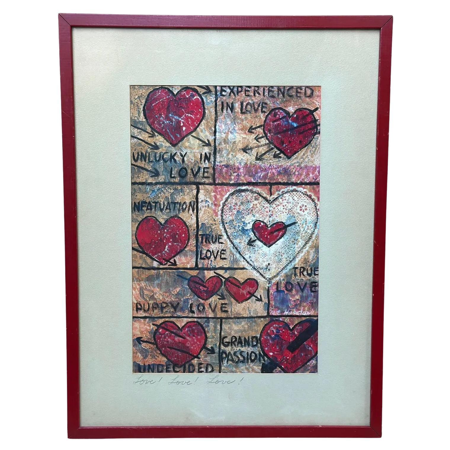 Vintage Love! Love! Love! Acrylic Painting by M.E. Harston in Original Frame
