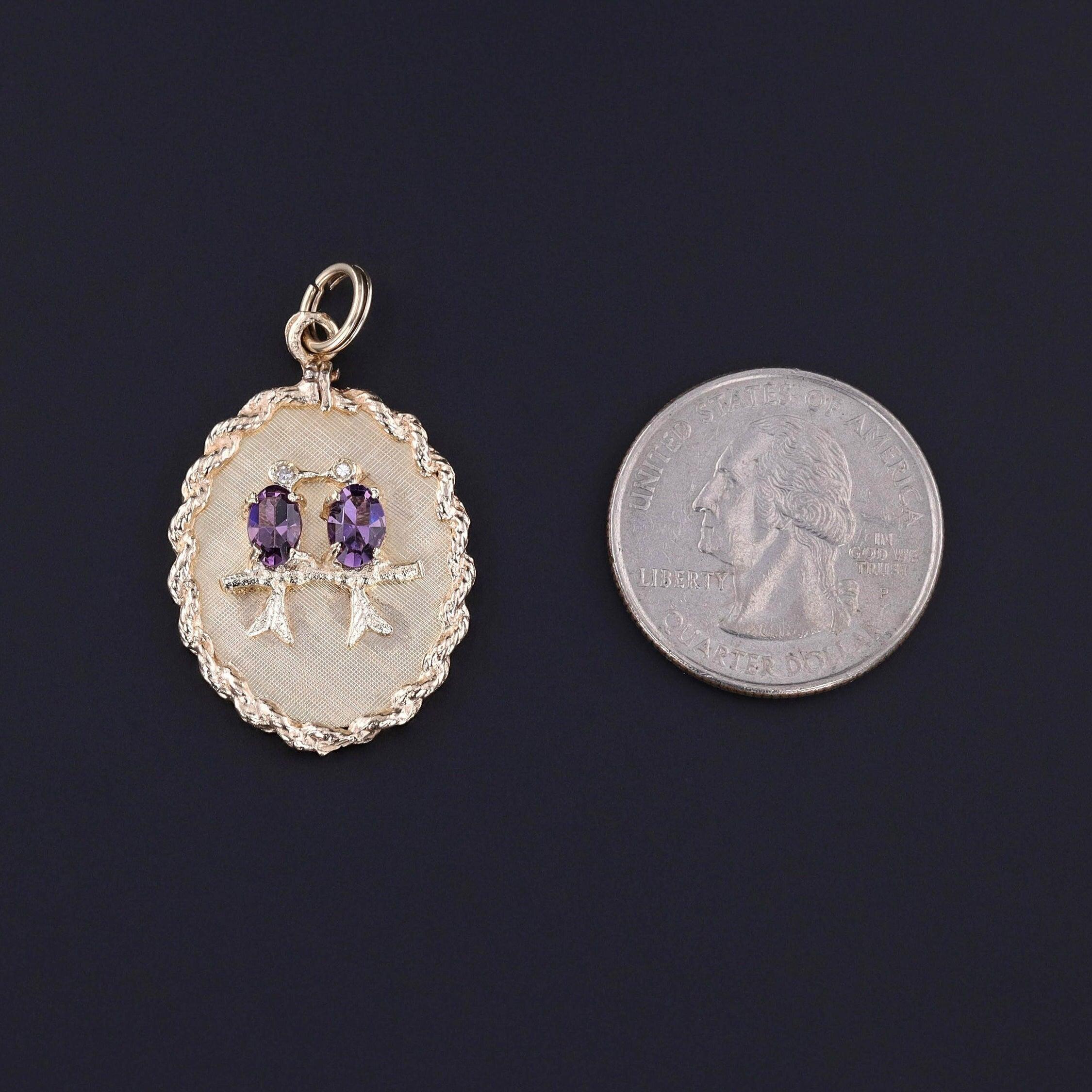 This vintage 9ct pendant (circa 1960-1970) features two lovebirds adorned with purple glass and diamond eyes. The twisted rope border surrounding the piece is 14k gold.

The piece measures 1.45 inches from the top of the bail to bottom by 0.9 inches