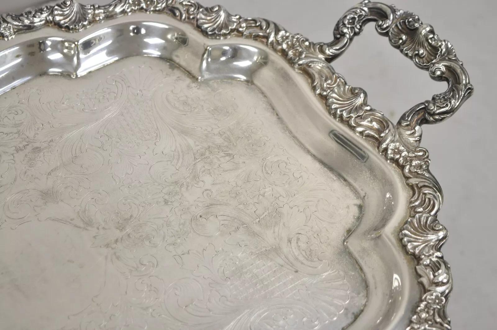 Bandeja con dos asas chapada en plata victoriana Vintage Loveland Rose siglo XX en venta