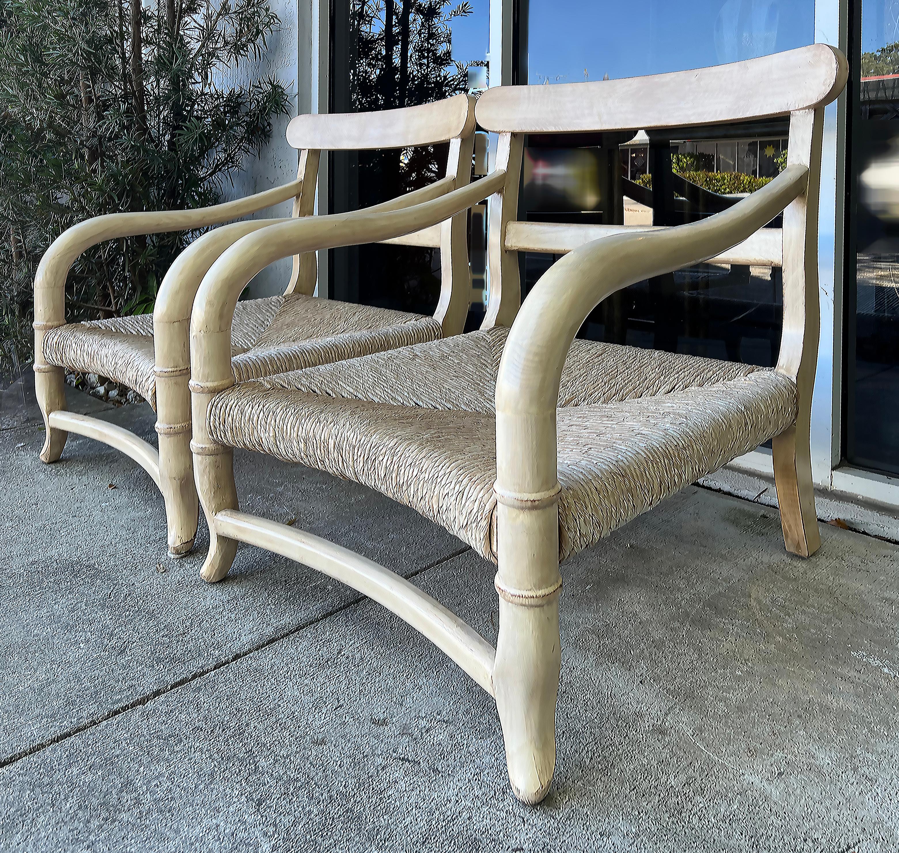 Vintage Low Klismos Armchairs with Rush Seats, Washed Distressed Finish 

Offered for sale is a pair of low Klismos Empire-style lounge armchairs with woven rush seats. The chairs have an intentionally washed and distressed finish.  They have a