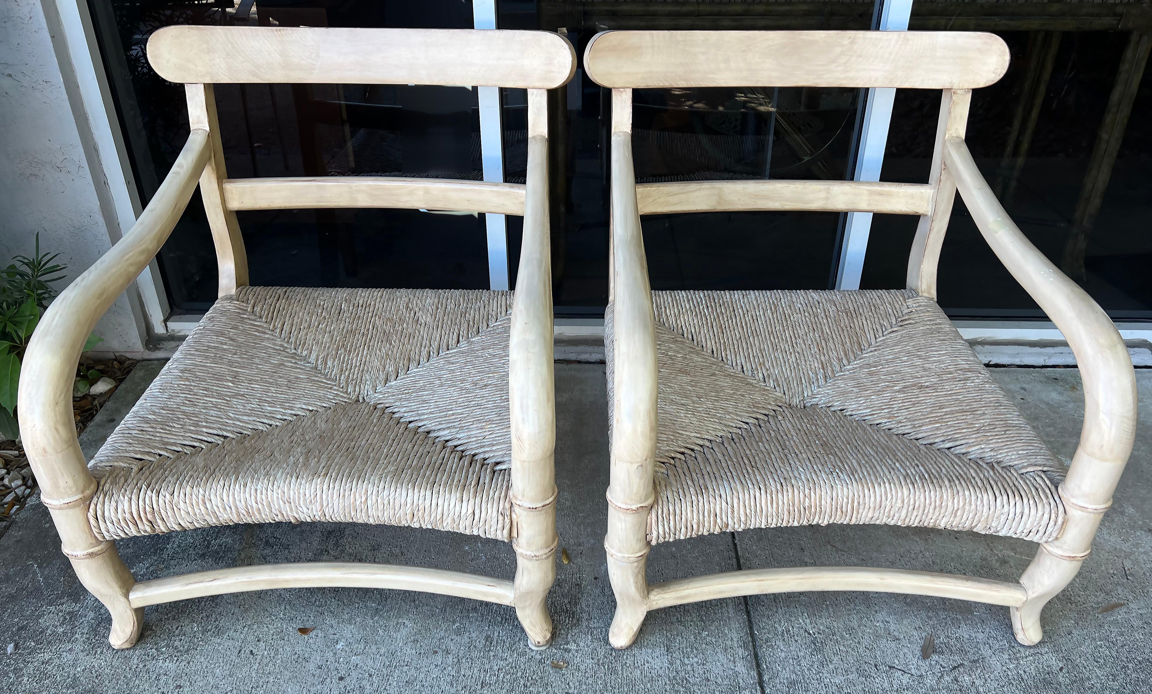 Hand-Woven Vintage Low Klismos Armchairs with Rush Seats, Washed Distressed Finish For Sale
