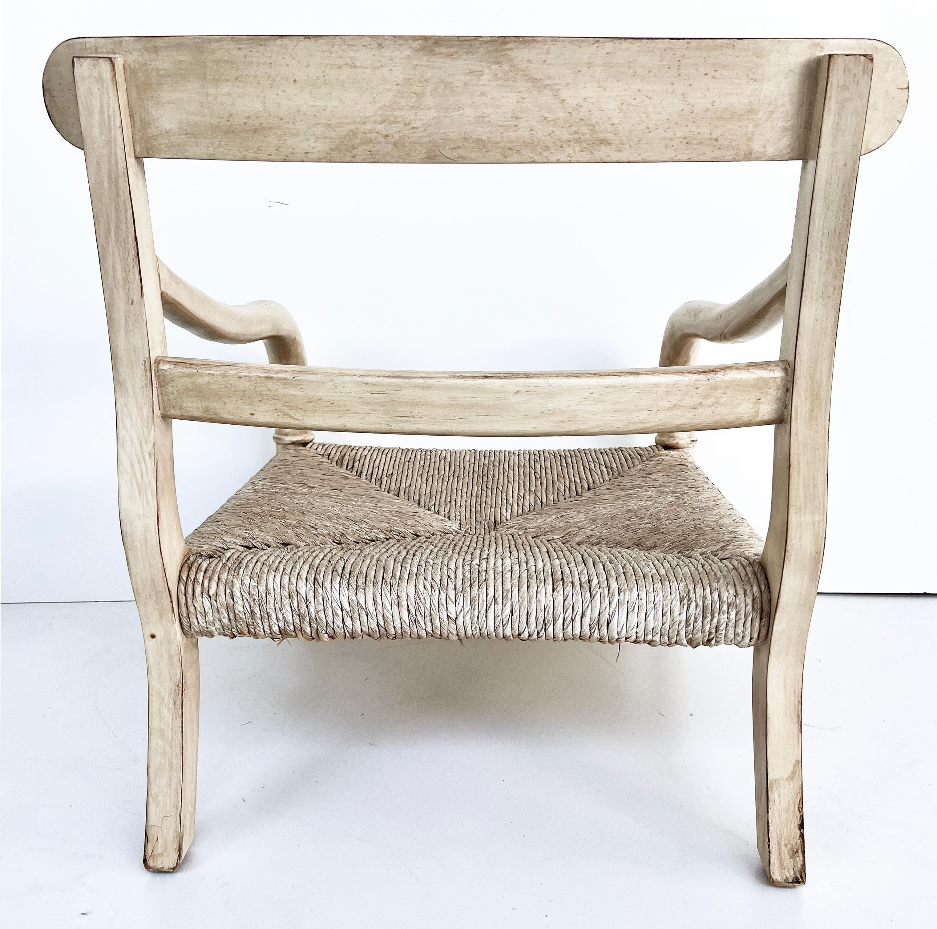 Vintage Low Klismos Armchairs with Rush Seats, Washed Distressed Finish For Sale 2