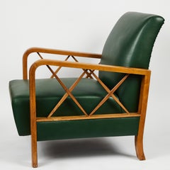 Vintage Low Leather Lounge Chair with Carved Maple Wood Arms