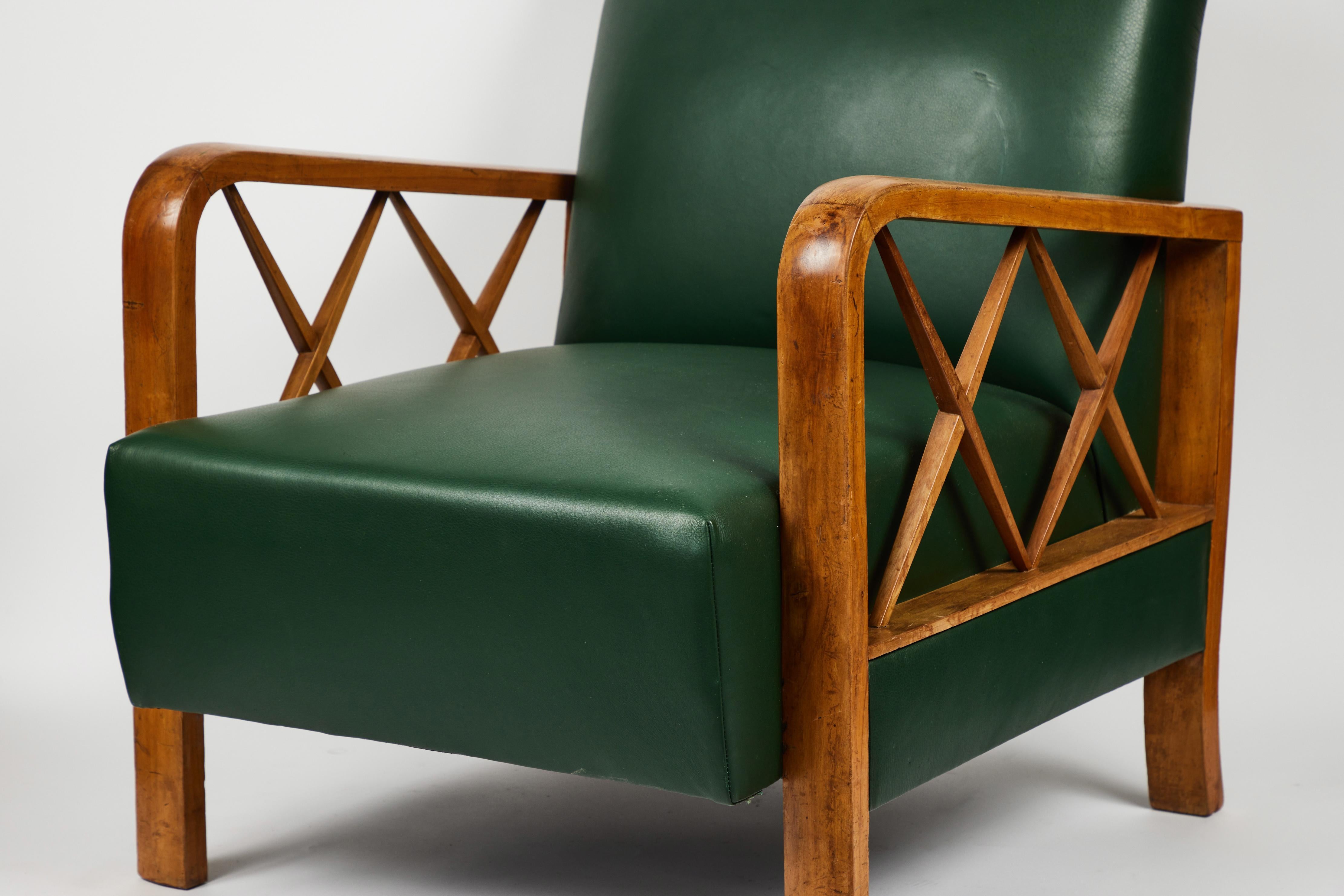 20th Century Vintage Low Leather Lounge Chair with Carved Maple Wood Arms