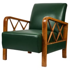 Vintage Low Leather Lounge Chair with Carved Maple Wood Arms