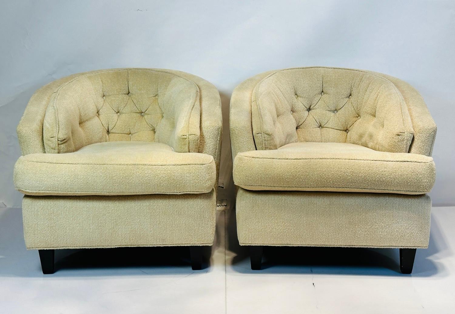 Introducing our Vintage Low Profile Barrel Chairs, the epitome of elegance and sophistication. This exquisite duo is a perfect addition to any refined interior. 

The first chair, adorned with a plush tufted back, exudes an air of regality. Its