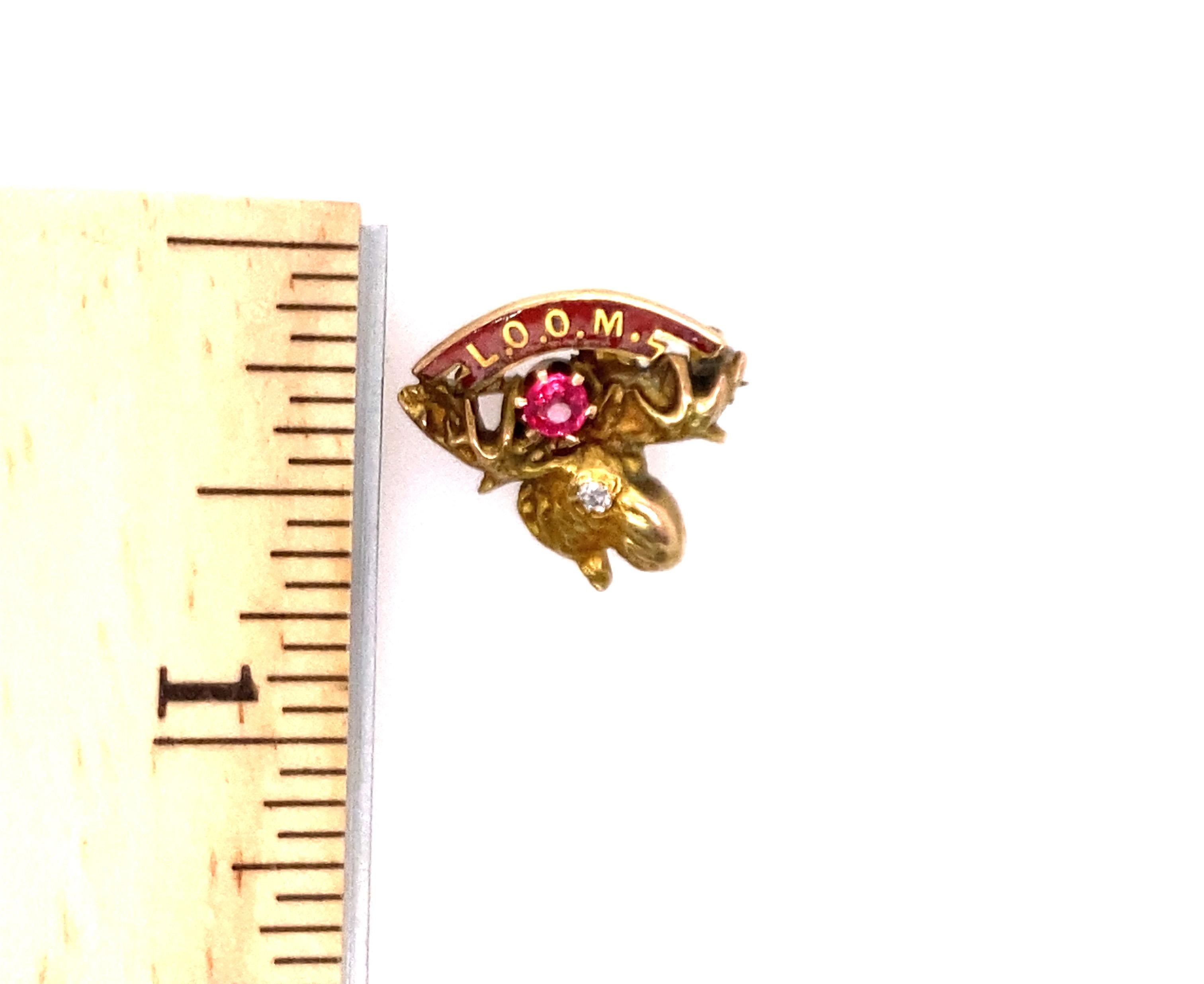 Old Mine Cut Vintage Loyal Order of the Moose Diamond Ruby Pin Brooch Yellow Gold Victorian For Sale