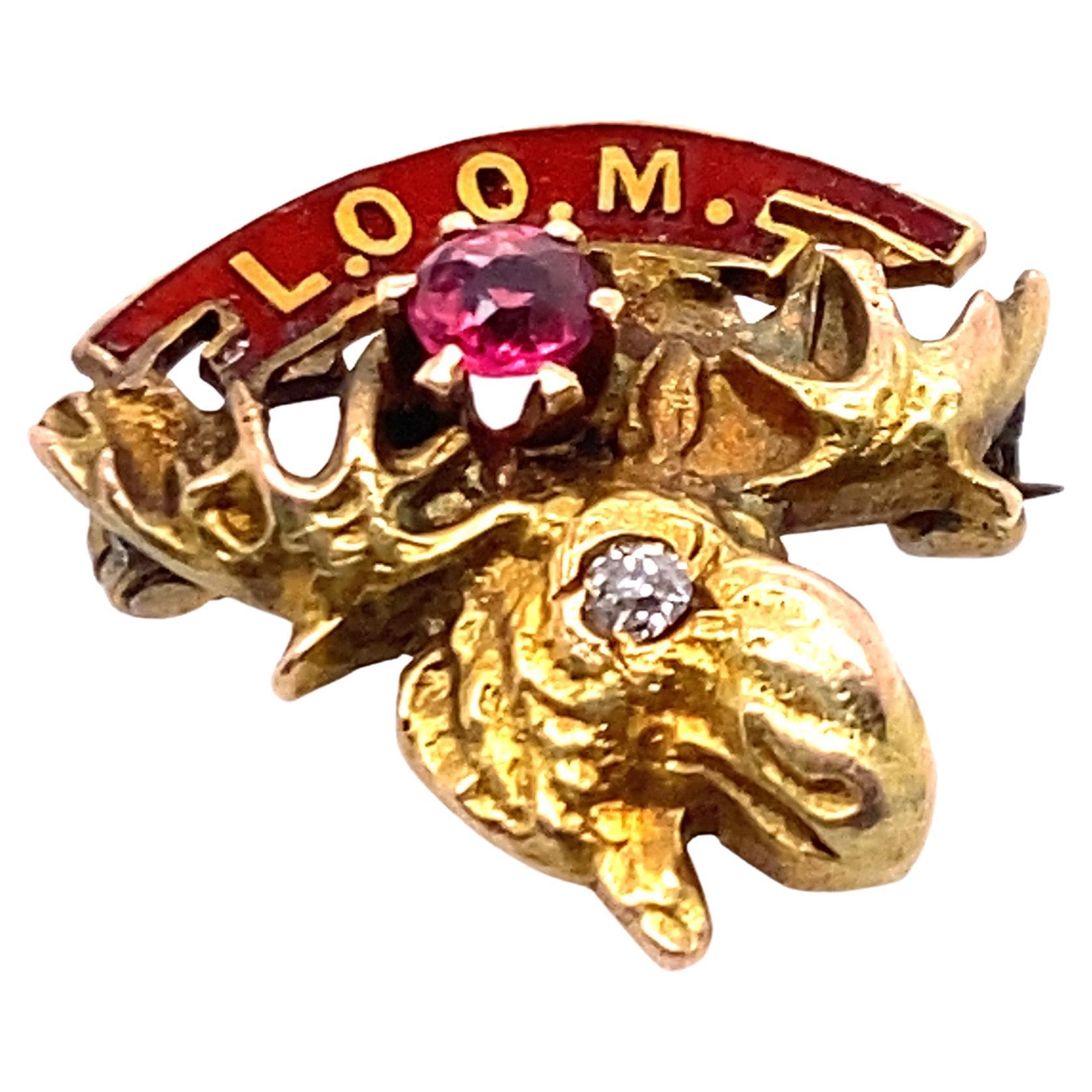 Vintage Loyal Order of the Moose Diamond Ruby Pin Brooch Yellow Gold Victorian For Sale