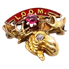 Antique Loyal Order of the Moose Diamond Ruby Pin Brooch Yellow Gold Victorian