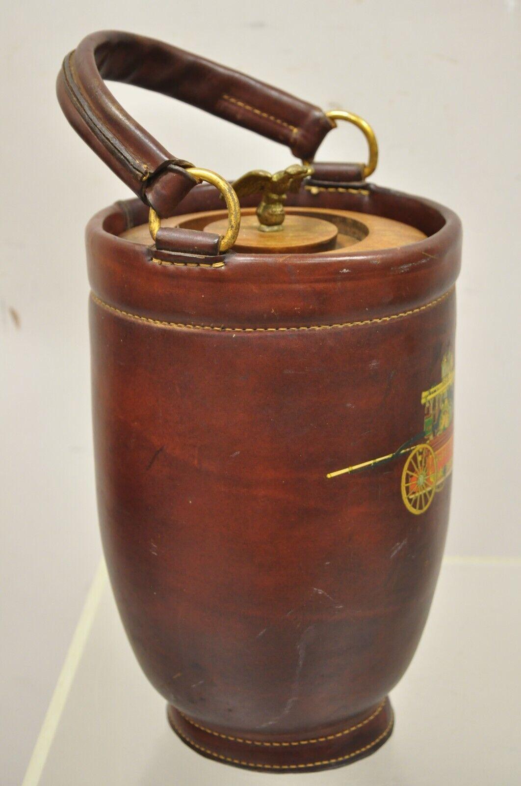 Vintage Loyal Papeete Brown Leather Fire Ice Bucket Brass Eagle In Good Condition For Sale In Philadelphia, PA