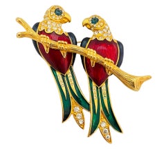 Broche Vintage LR signée or émaillé oiseaux designer runway