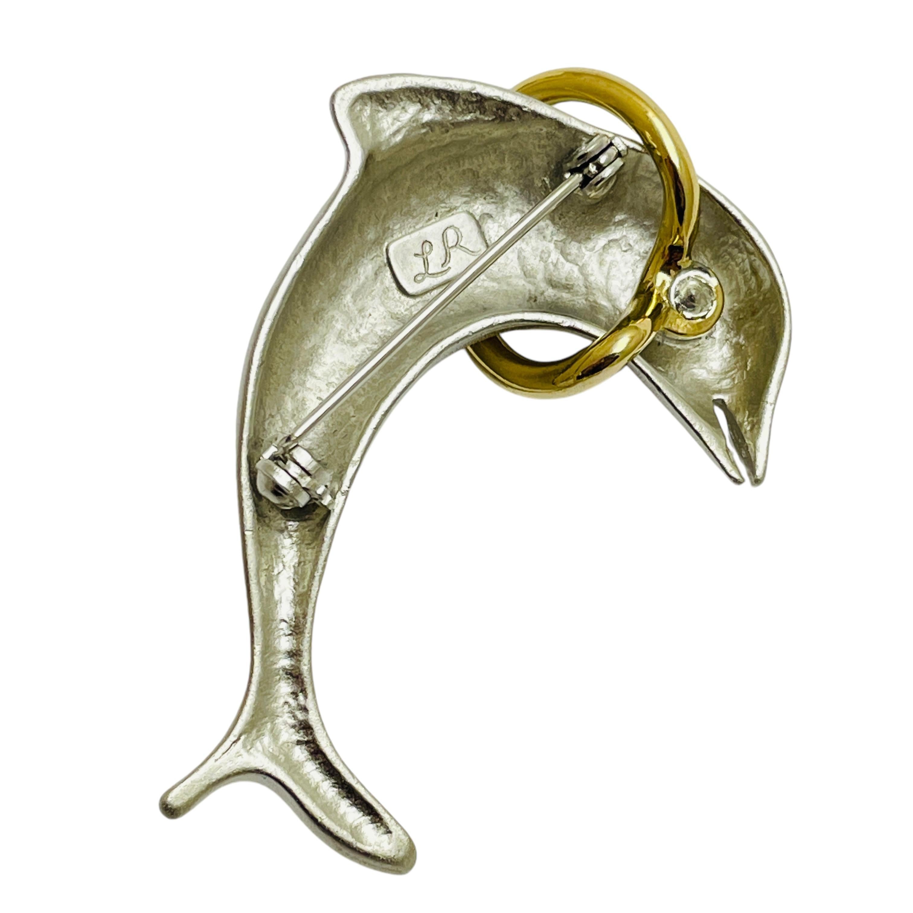 Vintage LR signed gold silver tone dolphin designer brooch In Good Condition For Sale In Palos Hills, IL