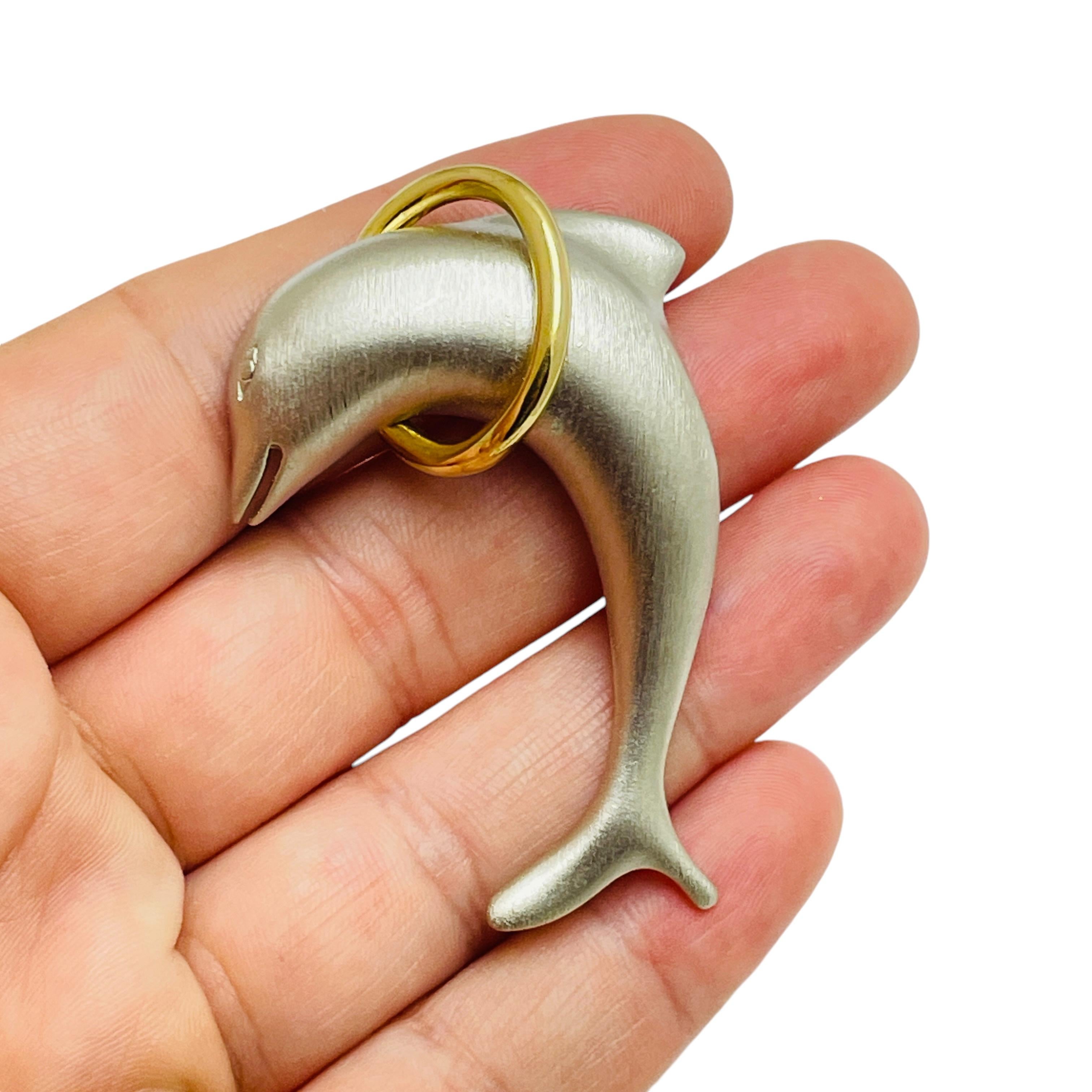 Women's Vintage LR signed gold silver tone dolphin designer brooch For Sale