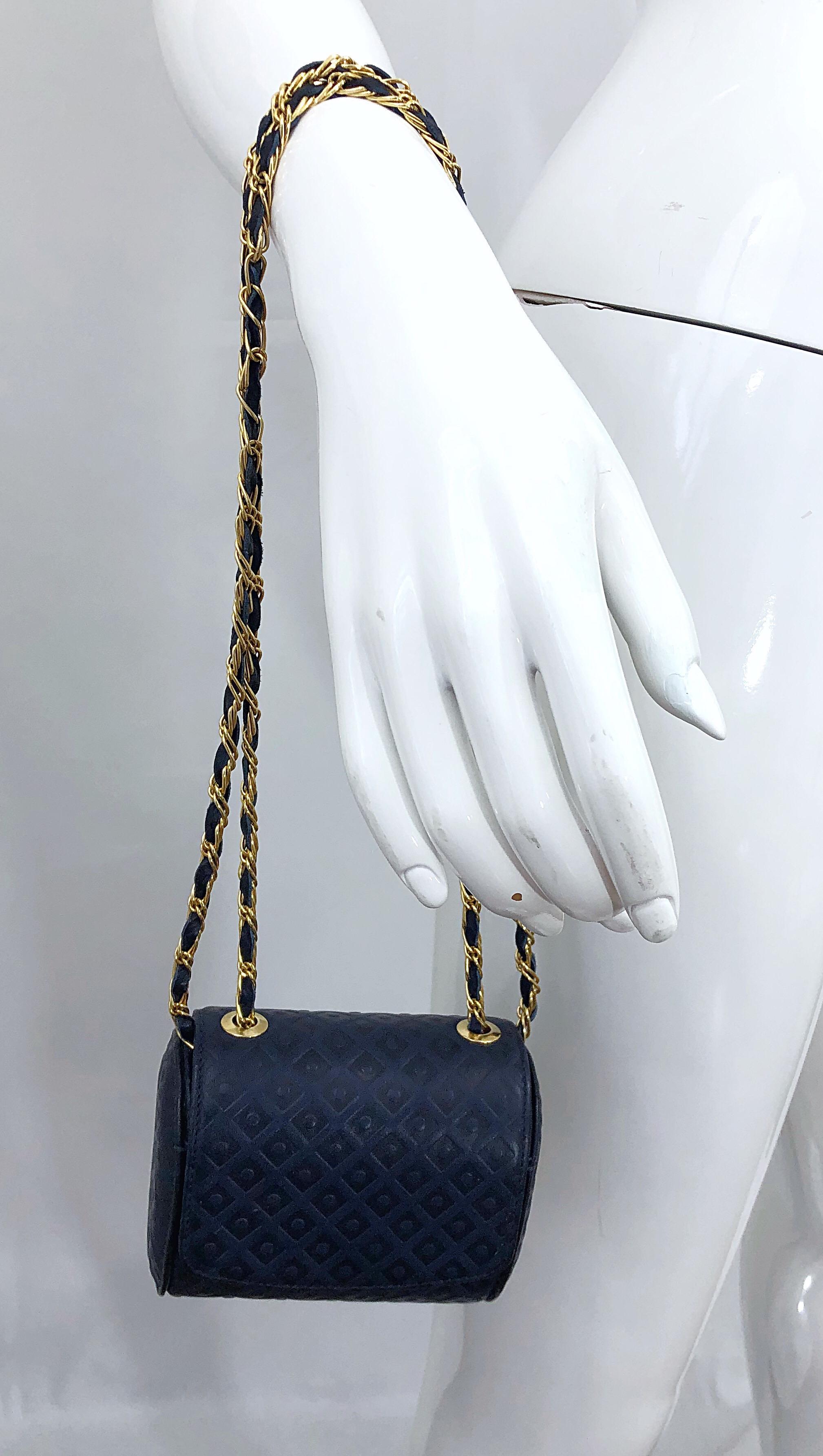 Black Vintage Luc Benoit Navy Blue Leather Small Embossed Crossbody Hand Bag Purse For Sale