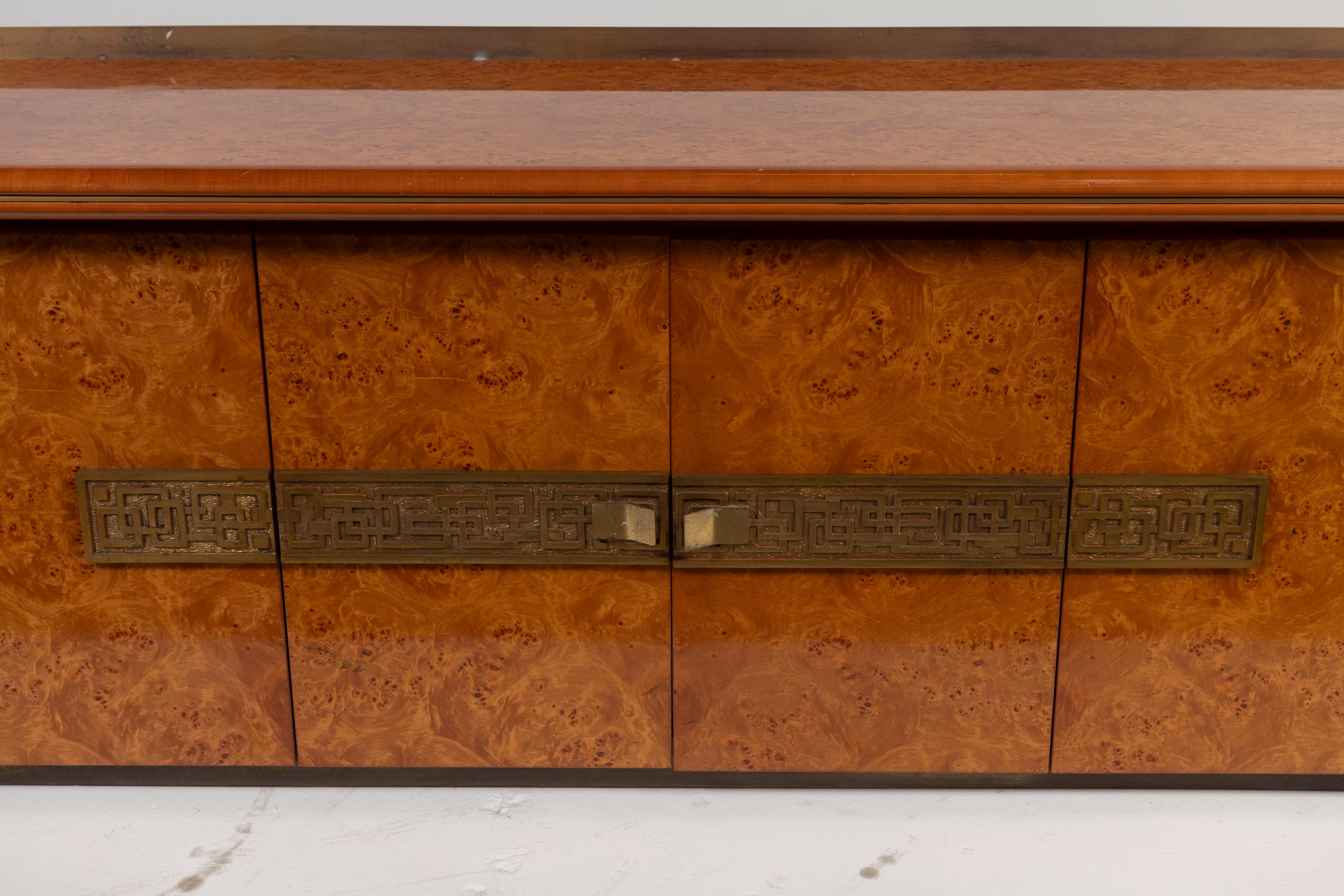 Mid-Century Modern Vintage Luciano Frigerio Burl, Brass and Bronze Cabinet with Drawers, 1970s For Sale