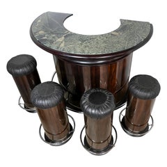 Vintage Luciano Frigerio Walnut And Green Marble Bar With 4 Stools, 1970's