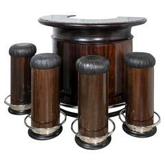 Vintage Luciano Frigerio Walnut And Green Marble Bar With 4 Stools, 1970's