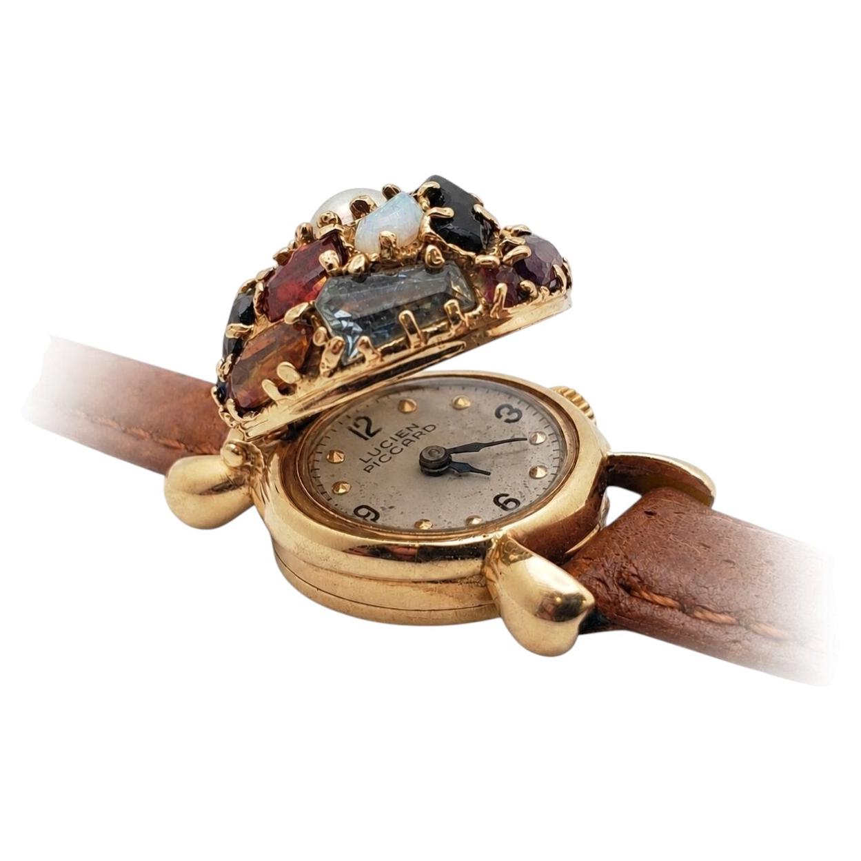 Vintage Lucien Piccard 14K Tutti Frutti Flip-Top Hidden Watch For Sale