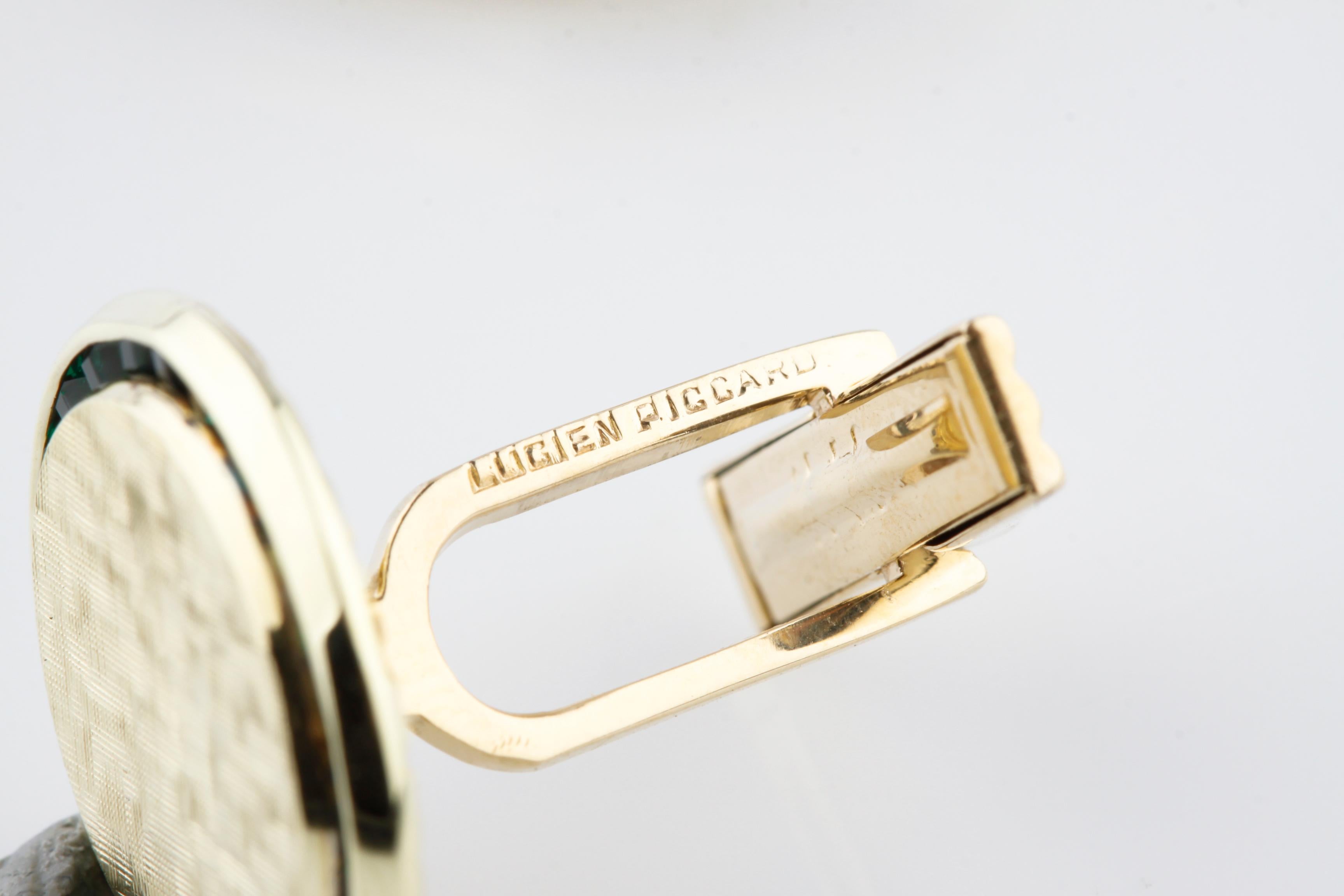 Baguette Cut Vintage Lucien Piccard 14k Yellow Gold Tsavorite Garnet Cufflinks For Sale