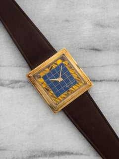 Vintage Lucien Piccard 14K YG Stepped Carrée Lapis & Tiger Eye Dial 30mm
