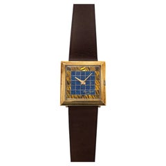 Vintage Lucien Piccard 14K YG Stepped Carrée Lapis & Tiger Eye Dial 30mm