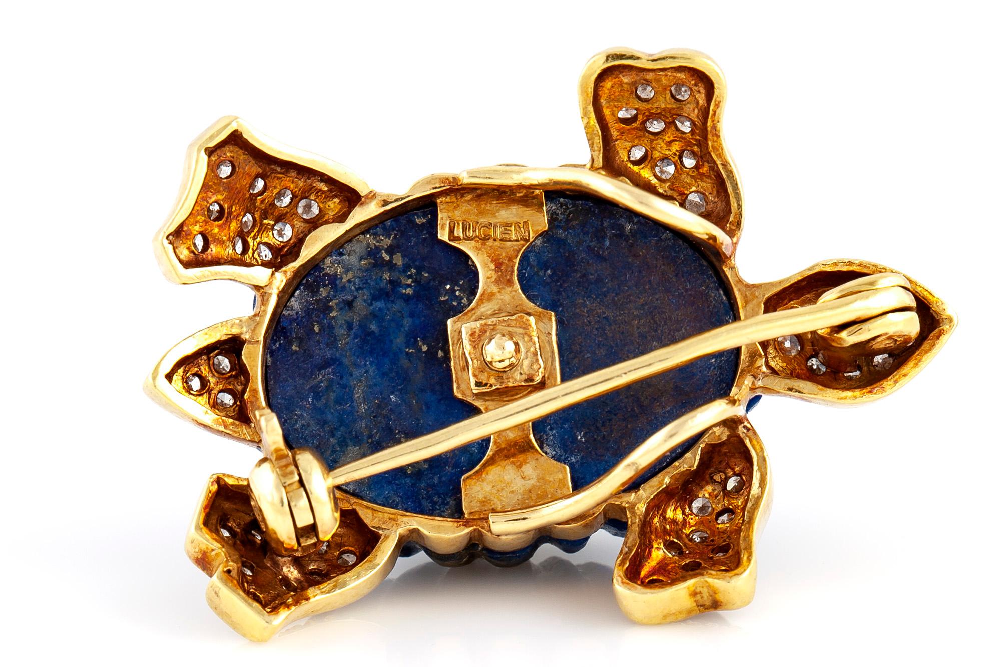 Vintage Lucien Piccard 18 Karat Gold and Lapis Lazuli Turtle Pin In Good Condition In New York, NY