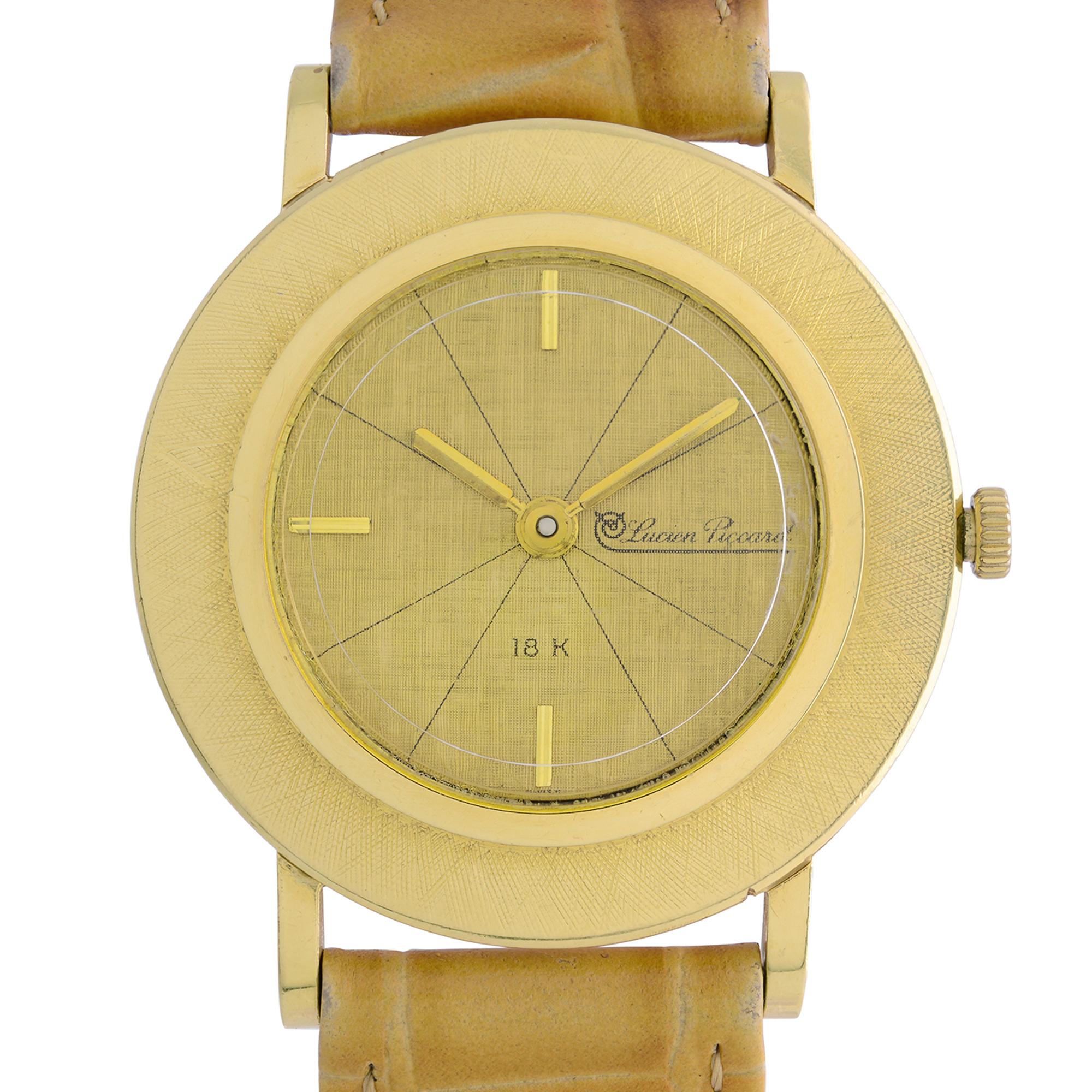 Pre-owned Vintage Lucien Piccard 18k Gold Manual Gold Dial Men's Watch. aftermarket band and buckle. Band Shows Significant Wear Signs. The Watch Case and Bezel Show Moderate Wear Signs as Seen in the Pictures. The watch will be polished only on
