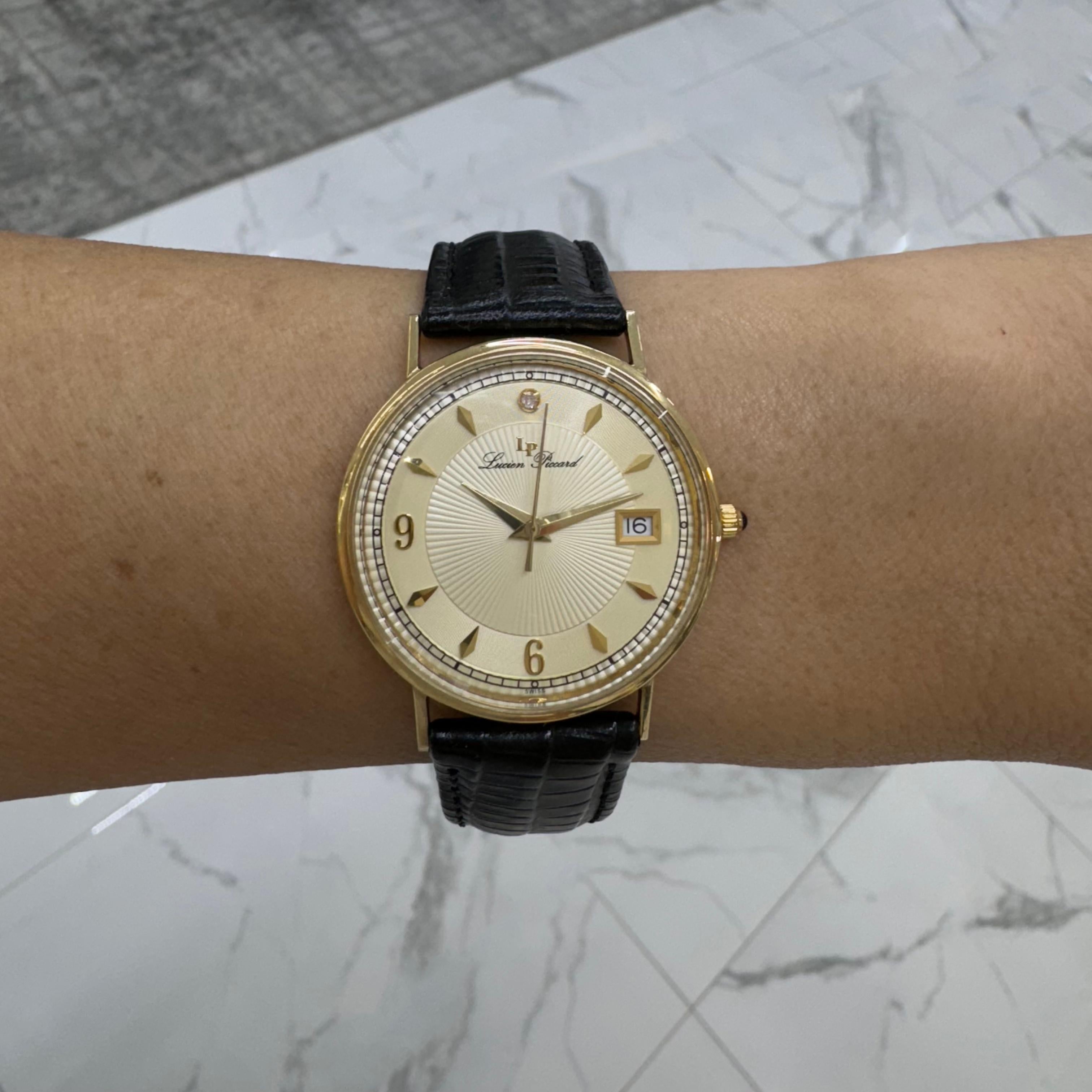 Women's or Men's Vintage Lucien Piccard 34MM 24787 Quartz Diamond Dial 14K Yellow Gold Watch