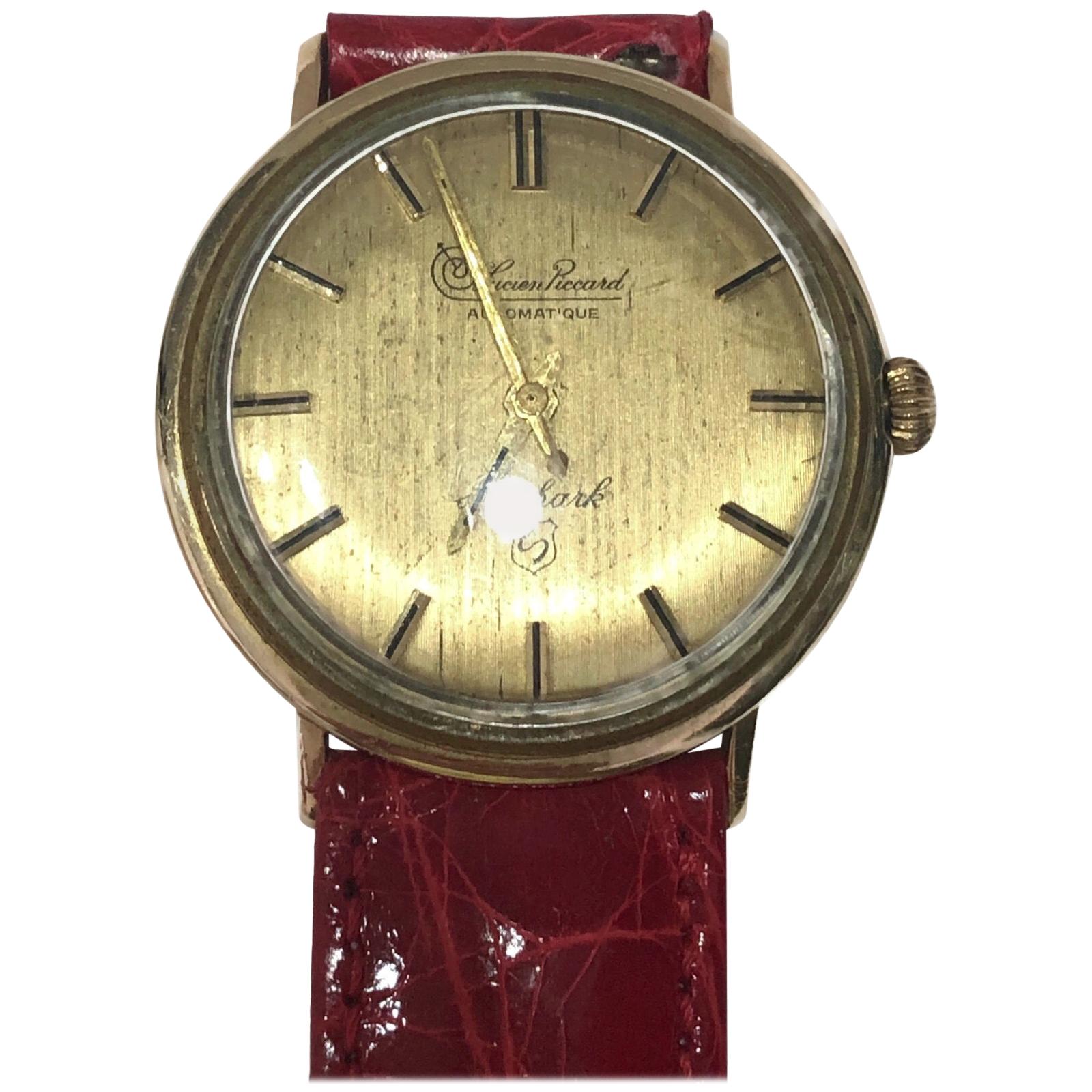 Vintage Lucien Piccard Automatic 14 Karat Gold Wrist Watch with Crocodile Band For Sale