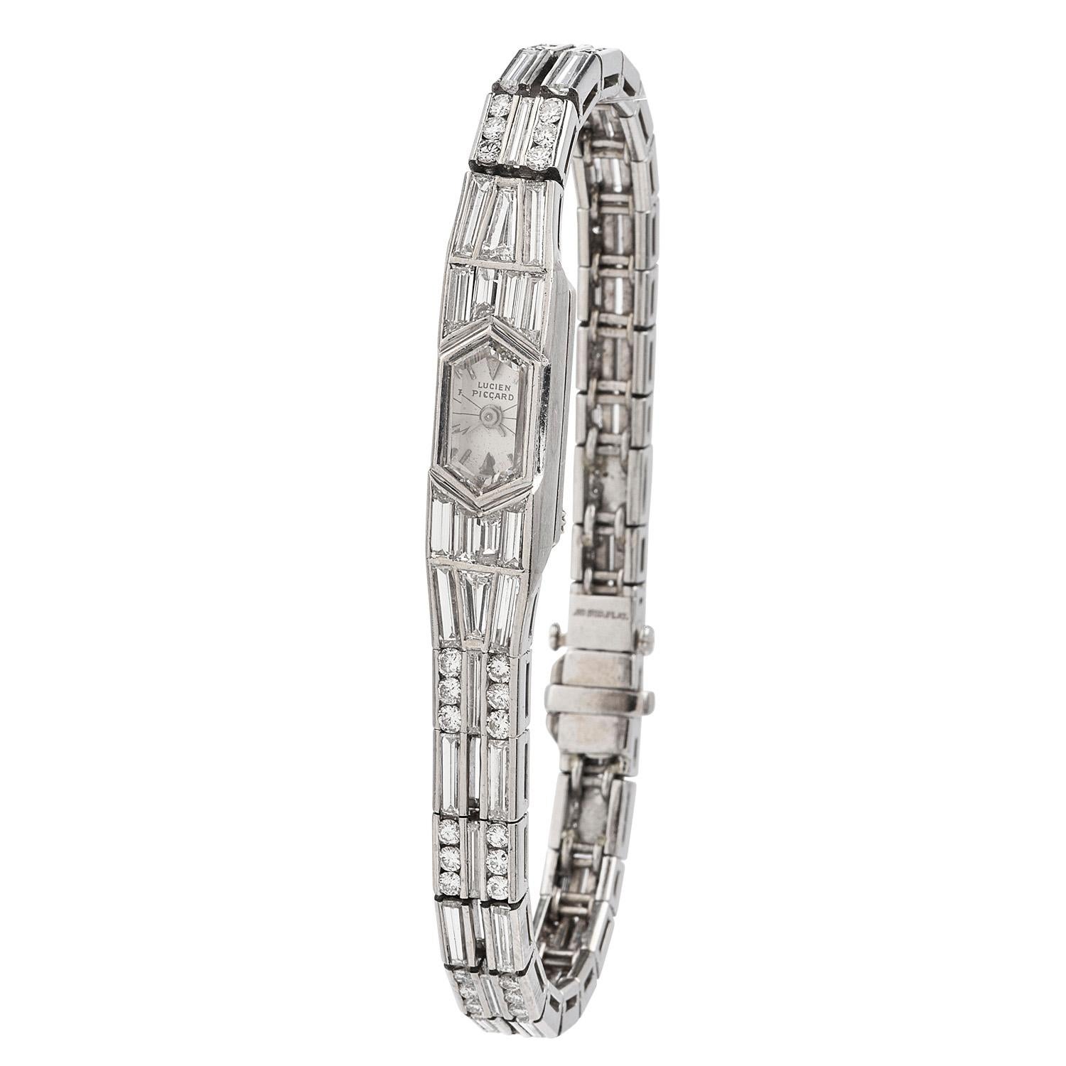 For Over 100 years Lucien Piccard has created exceptional masterpieces with top quality and timeless design.
This  Art Deco Diamond watch was inspired by an elegant line bracelet design, and crafted in luxurious Platinum.
The Glass on this rare
