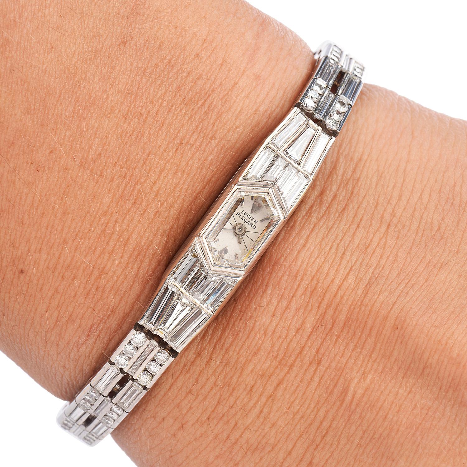 Retro Vintage Lucien Piccard Diamond Platinum Baguette Diamond Cocktail Watch