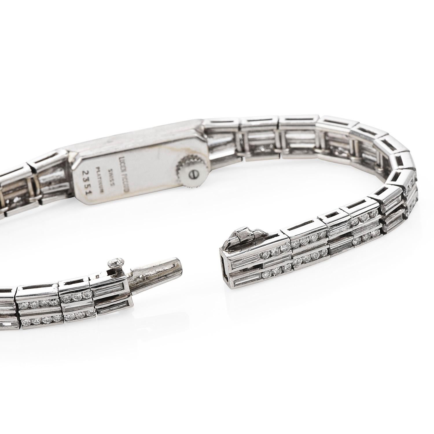 Vintage Lucien Piccard Diamond Platinum Baguette Diamond Cocktail Watch In Excellent Condition In Miami, FL