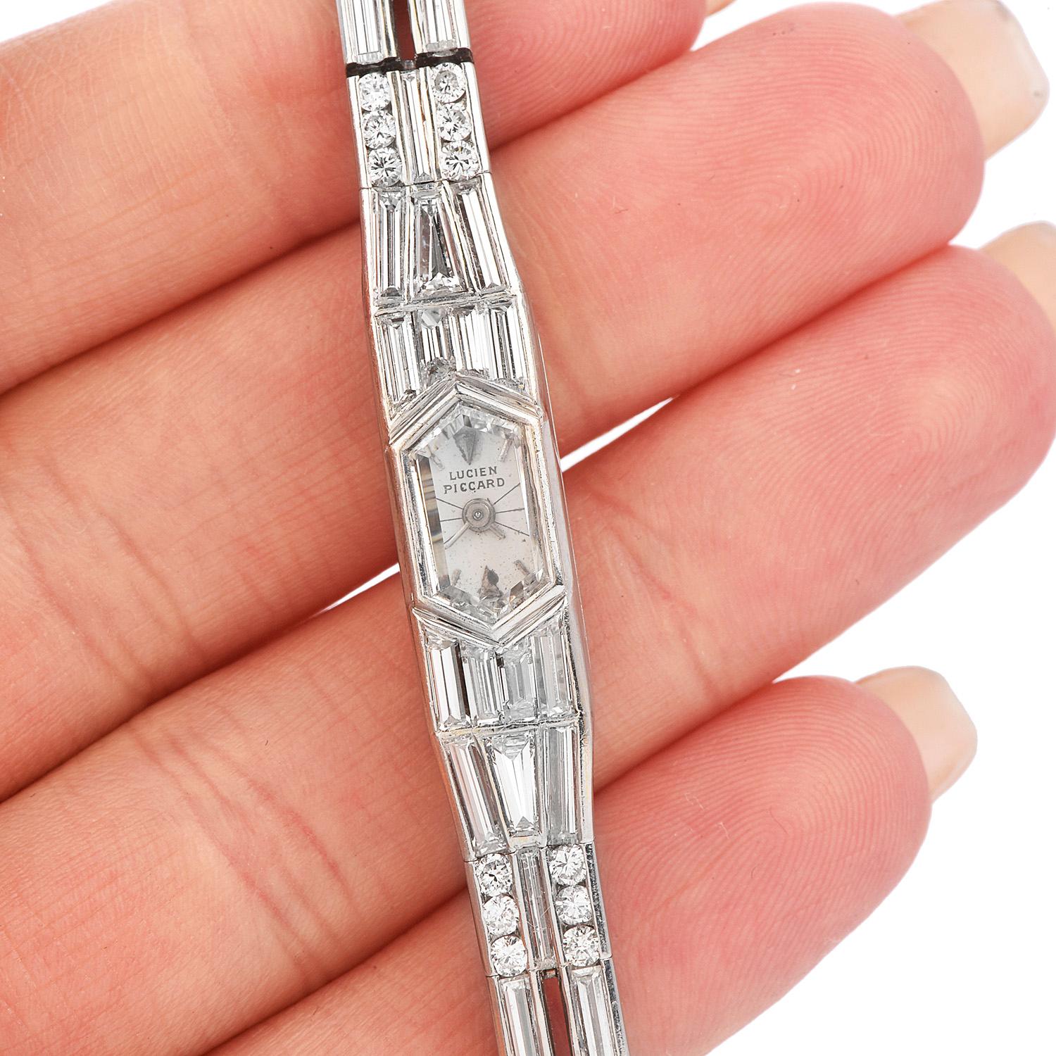 Women's Vintage Lucien Piccard Diamond Platinum Baguette Diamond Cocktail Watch