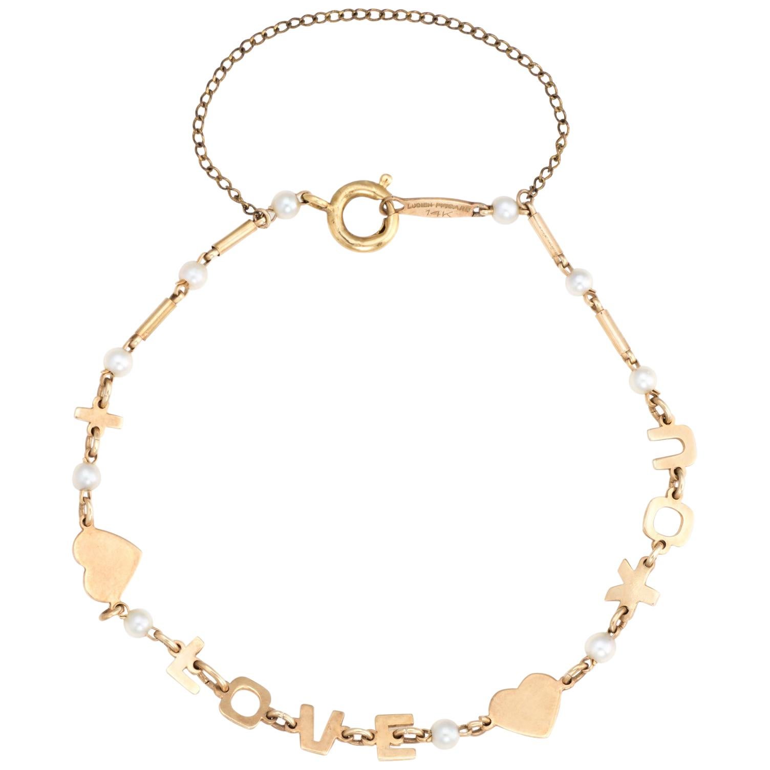 Vintage Lucien Piccard i Love You Bracelet 14 Karat Gold Pearl Estate Jewelry